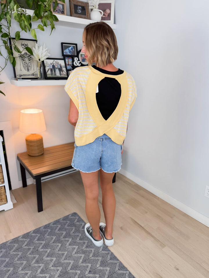 Melissa Striped Terry Open Back Top- YELLOW/HEATHER OATMEAL
