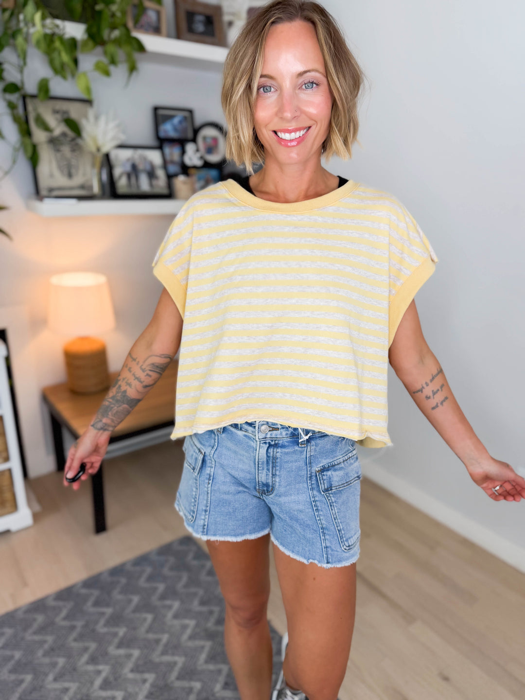 Melissa Striped Terry Open Back Top- YELLOW/HEATHER OATMEAL