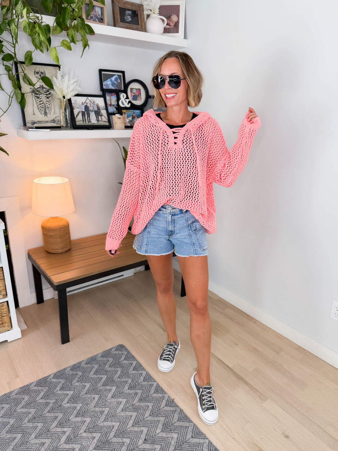 Birch Cable Knit Chenille Hoodie Sweater- PEACH
