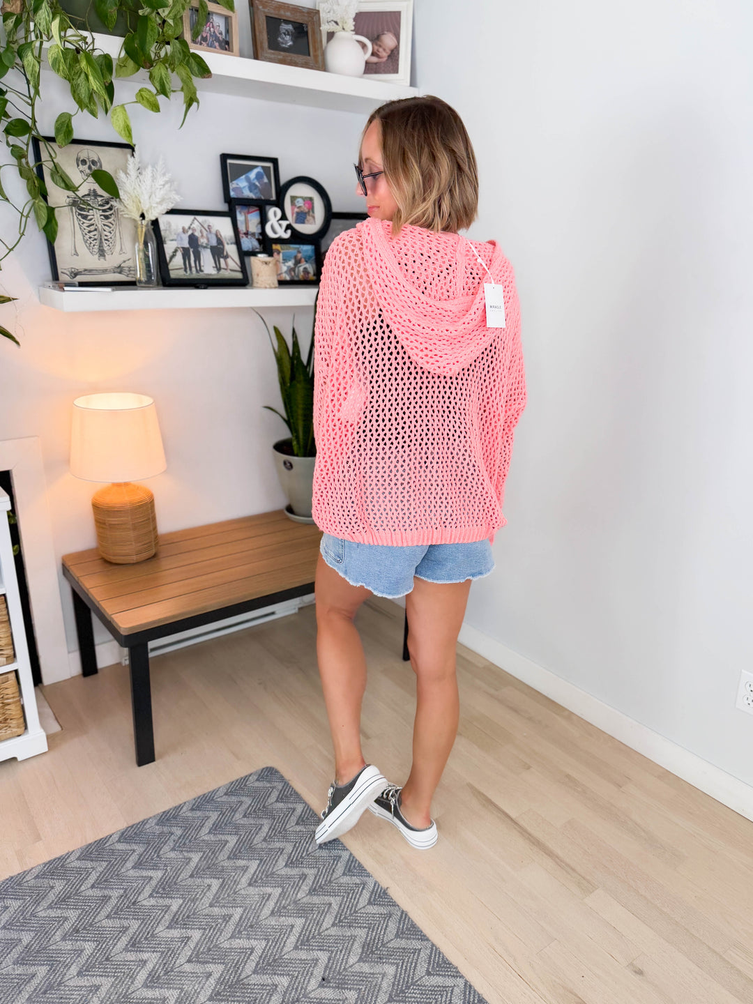 Birch Cable Knit Chenille Hoodie Sweater- PEACH