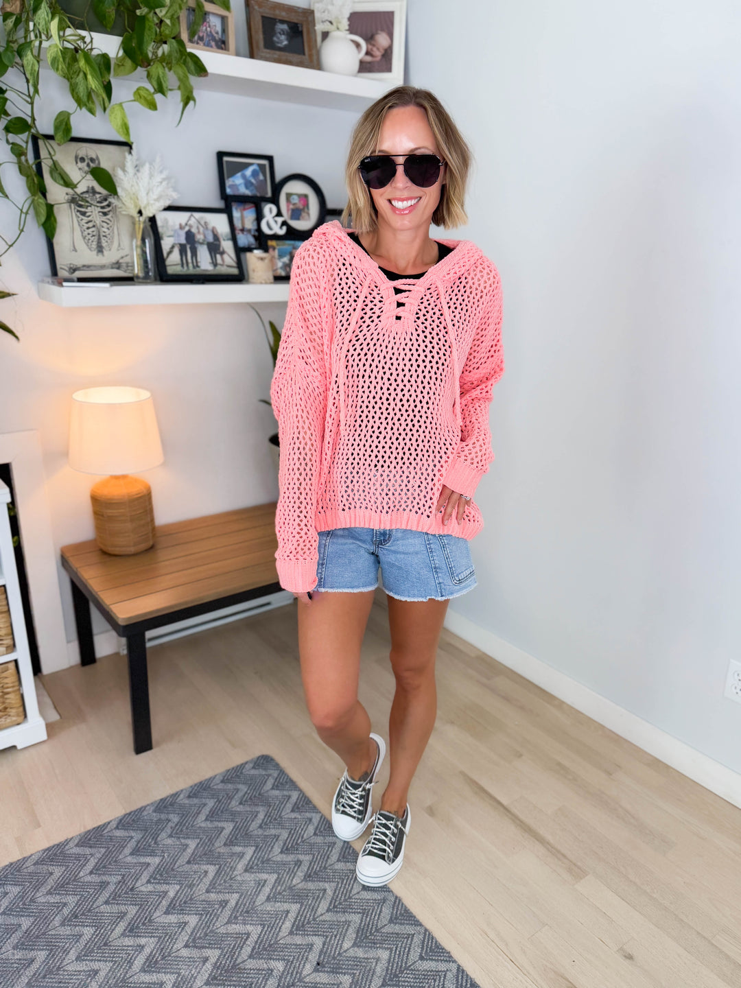 Birch Cable Knit Chenille Hoodie Sweater- PEACH