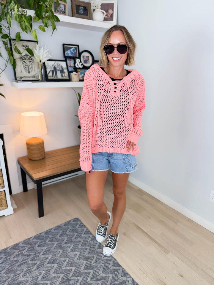 Birch Cable Knit Chenille Hoodie Sweater- PEACH