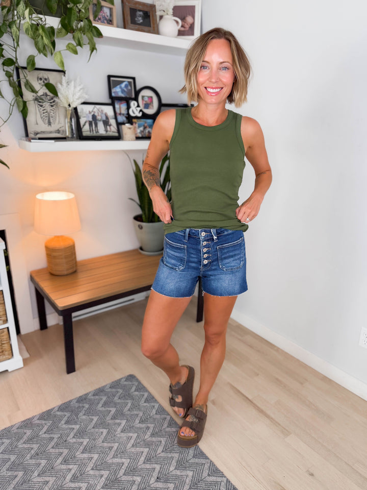 Larkspur High Rise Patched Pocket Button Fly Shorts- MANIFEST-FINAL SALE