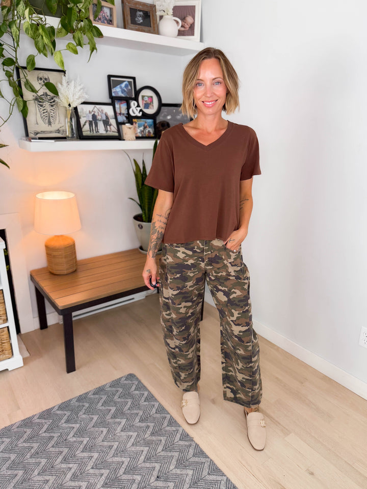 Mono B Raya Pima Cotton V-Neck Tee- COCOA