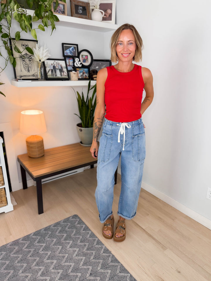 Risen Ember High Rise Crop Barrel Cargo Jeans- LIGHT WASH