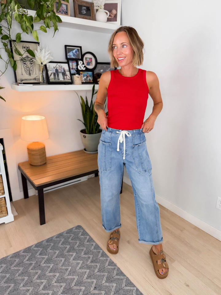 Risen Ember High Rise Crop Barrel Cargo Jeans- LIGHT WASH