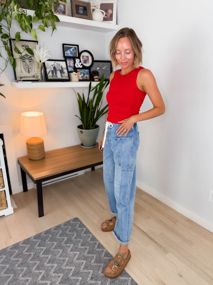 Risen Ember High Rise Crop Barrel Cargo Jeans- LIGHT WASH