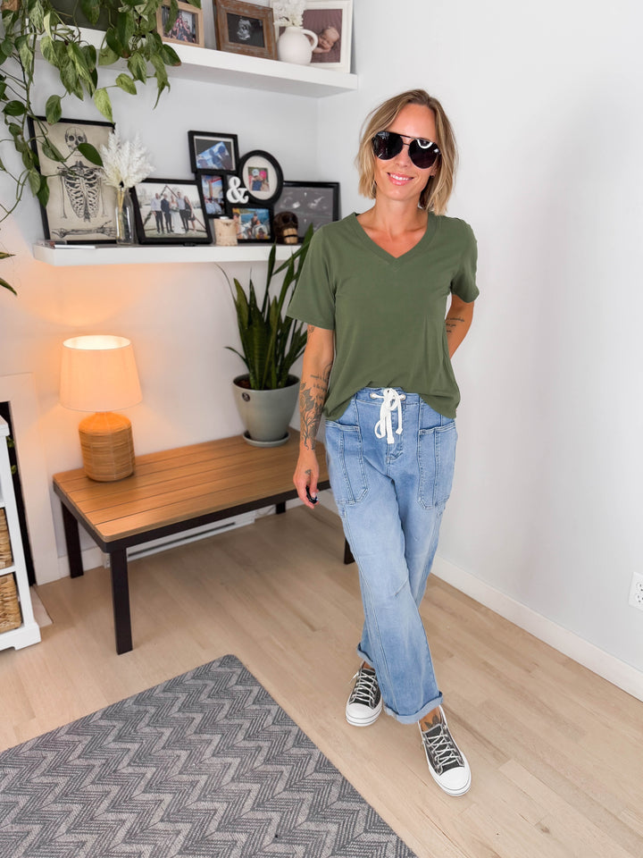 Mono B Raya Pima Cotton V-Neck Tee- STEEPED SAGE