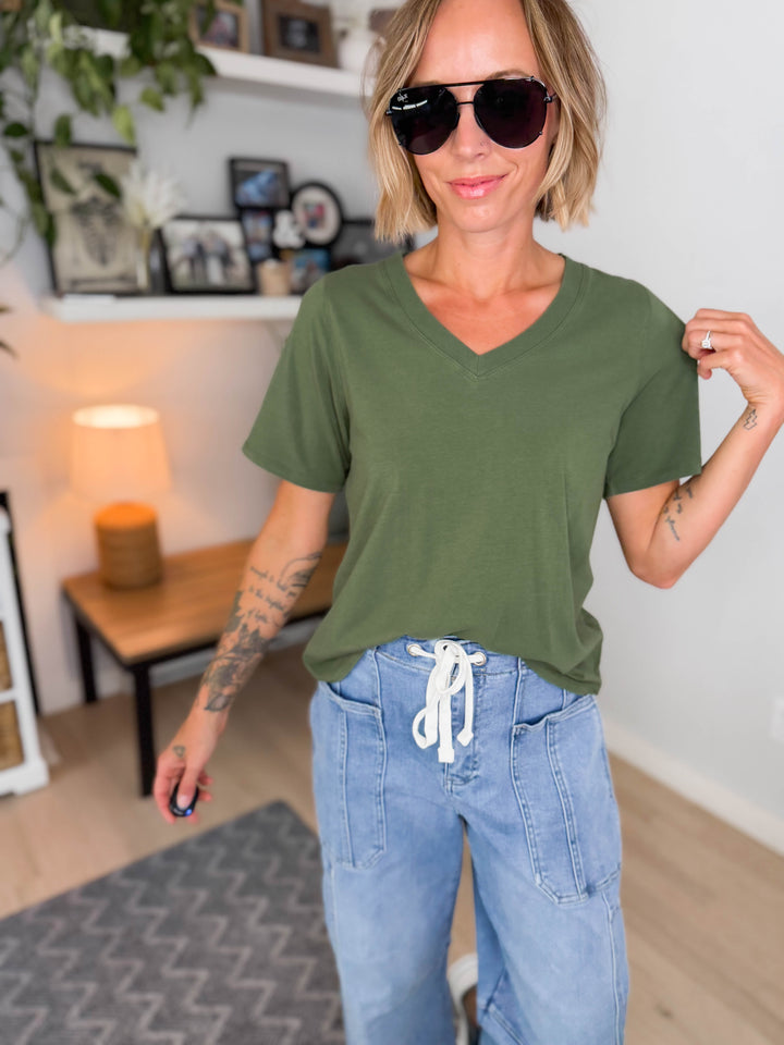 Mono B Raya Pima Cotton V-Neck Tee- STEEPED SAGE