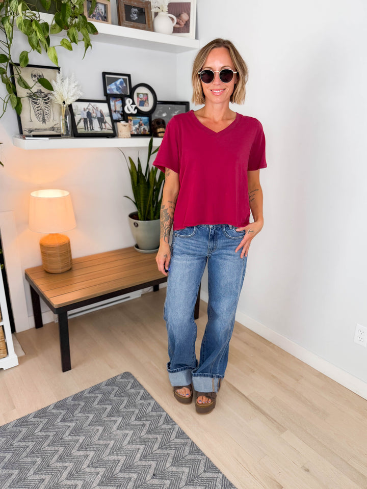 Mono B Raya Pima Cotton V-Neck Tee- BRAMBLEBERRY