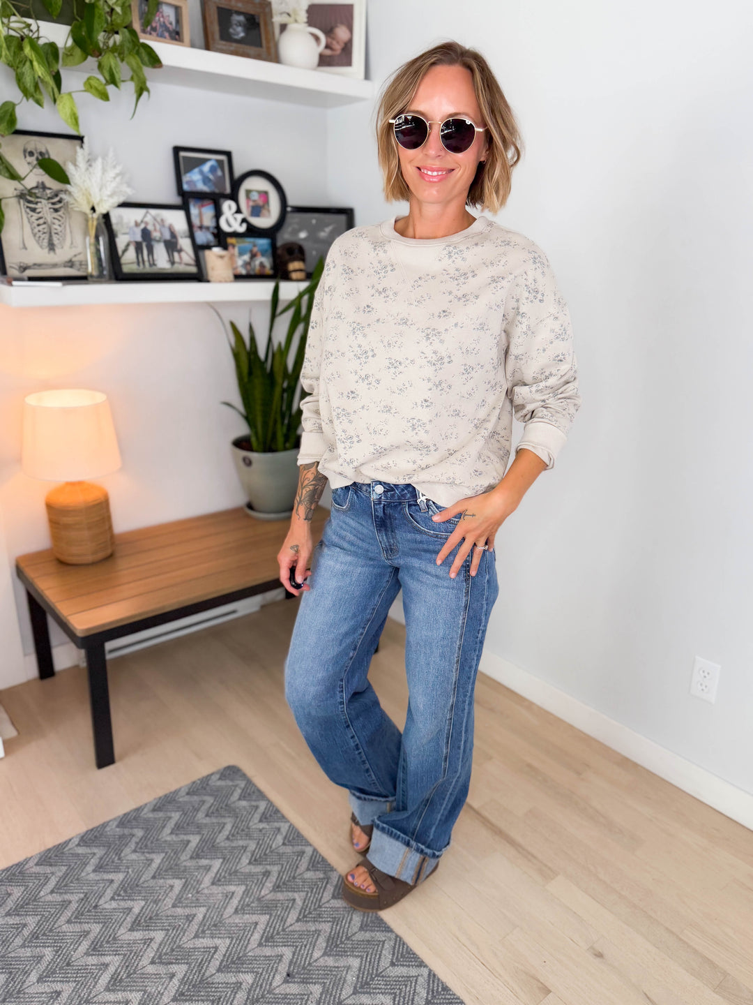 Petal Vintage Ditsy Floral Print Crewneck- OATMEAL