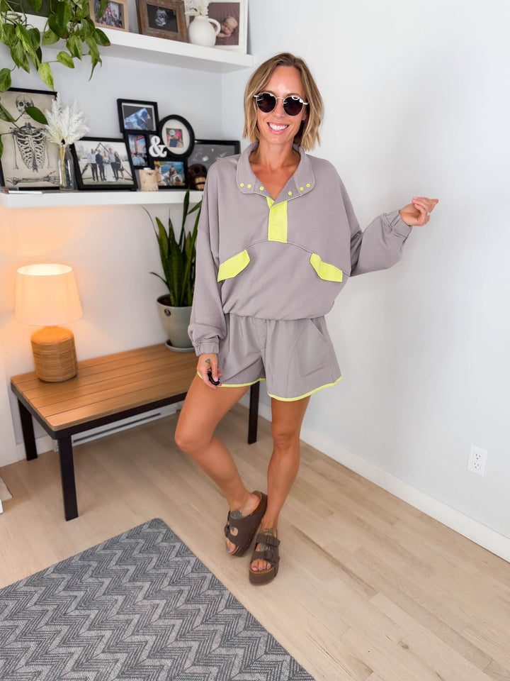 Kalani Pullover and Shorts Set- STONE TAUPE/LIME