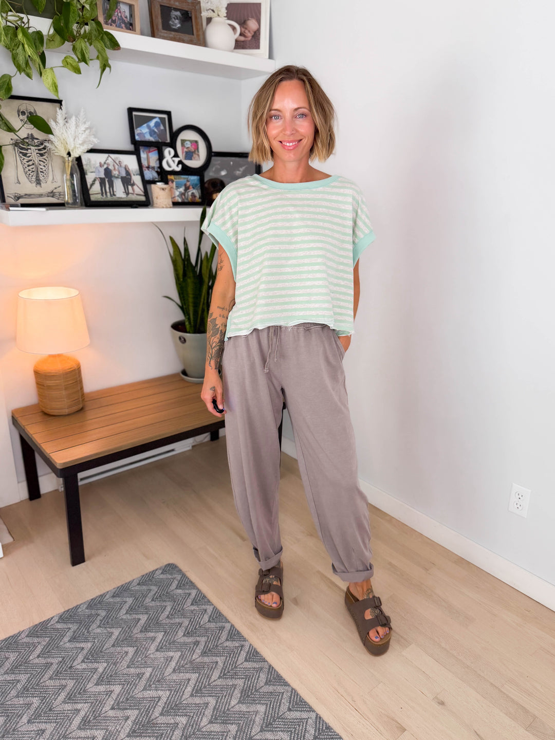 Melissa Striped Terry Open Back Top- MINT/HEATHER OATMEAL