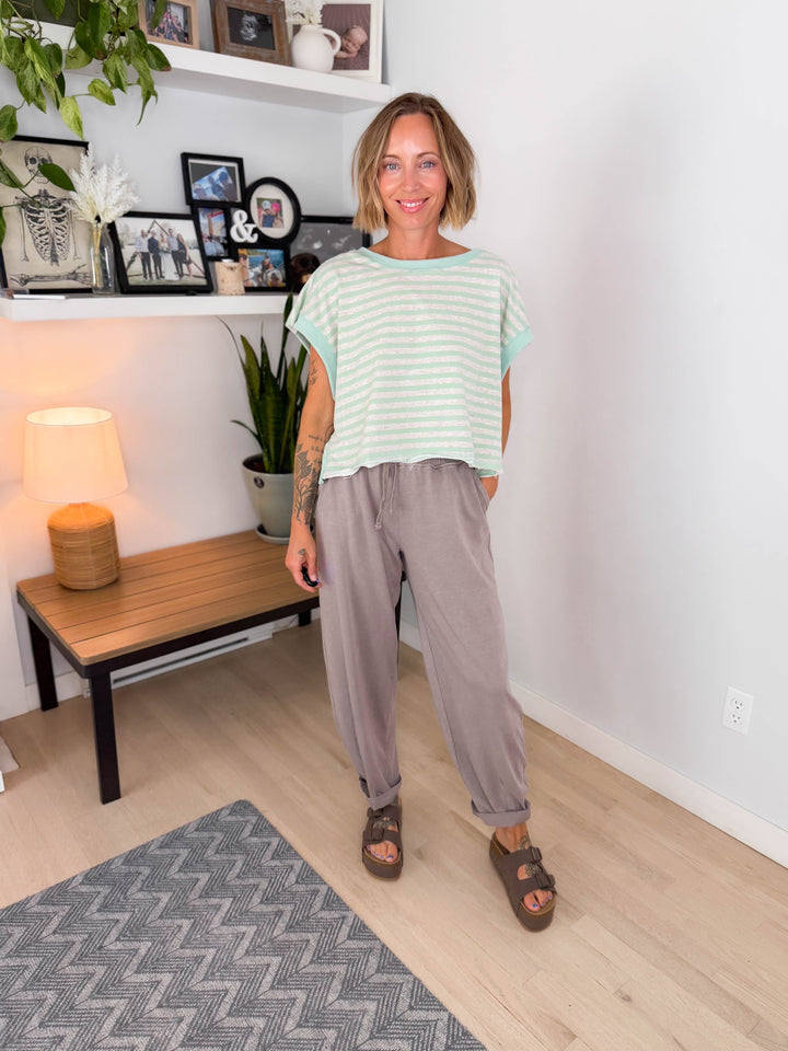 Melissa Striped Terry Open Back Top- MINT/HEATHER OATMEAL