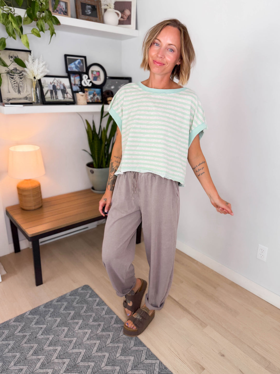 Melissa Striped Terry Open Back Top- MINT/HEATHER OATMEAL