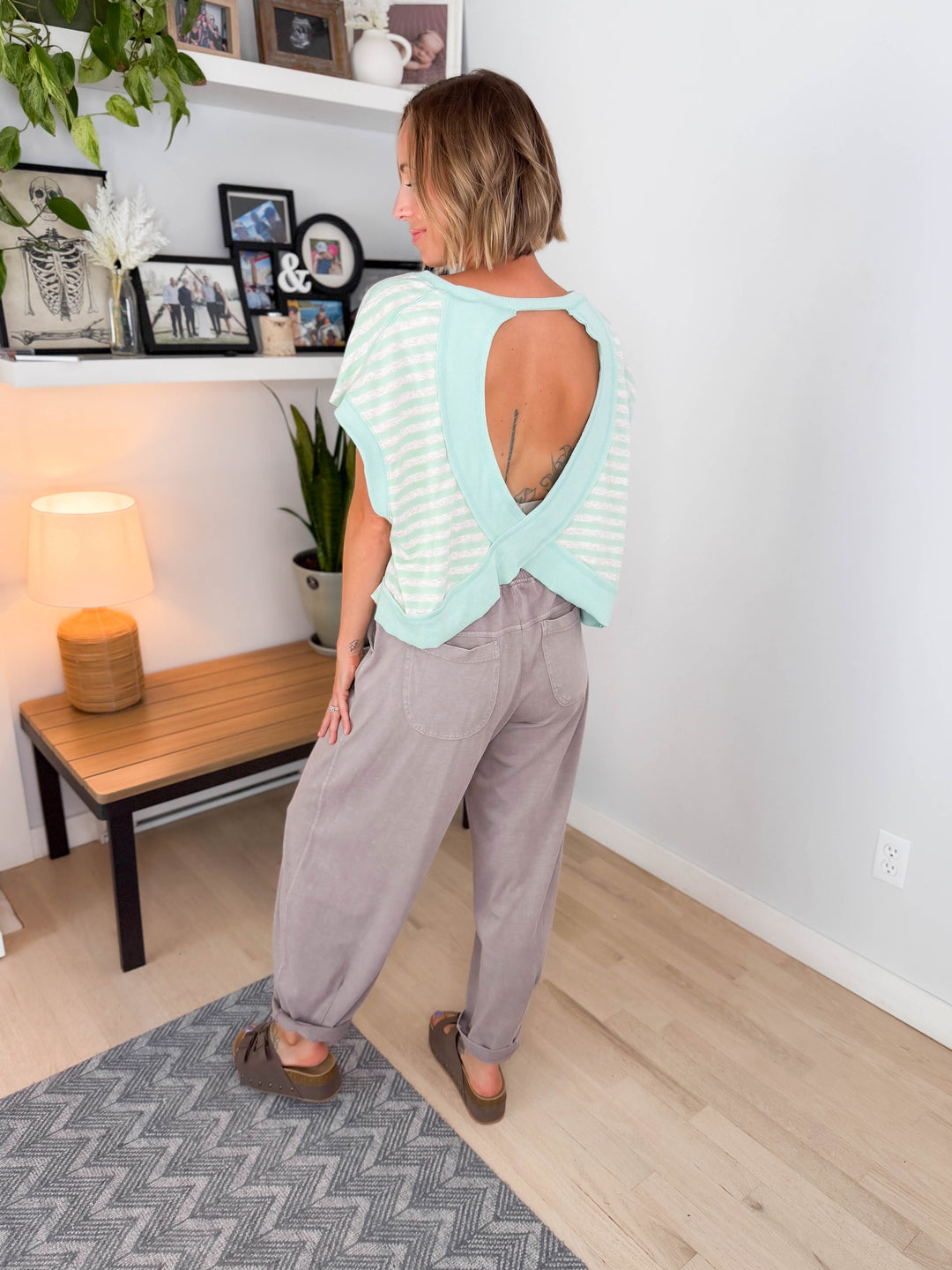 Melissa Striped Terry Open Back Top- MINT/HEATHER OATMEAL