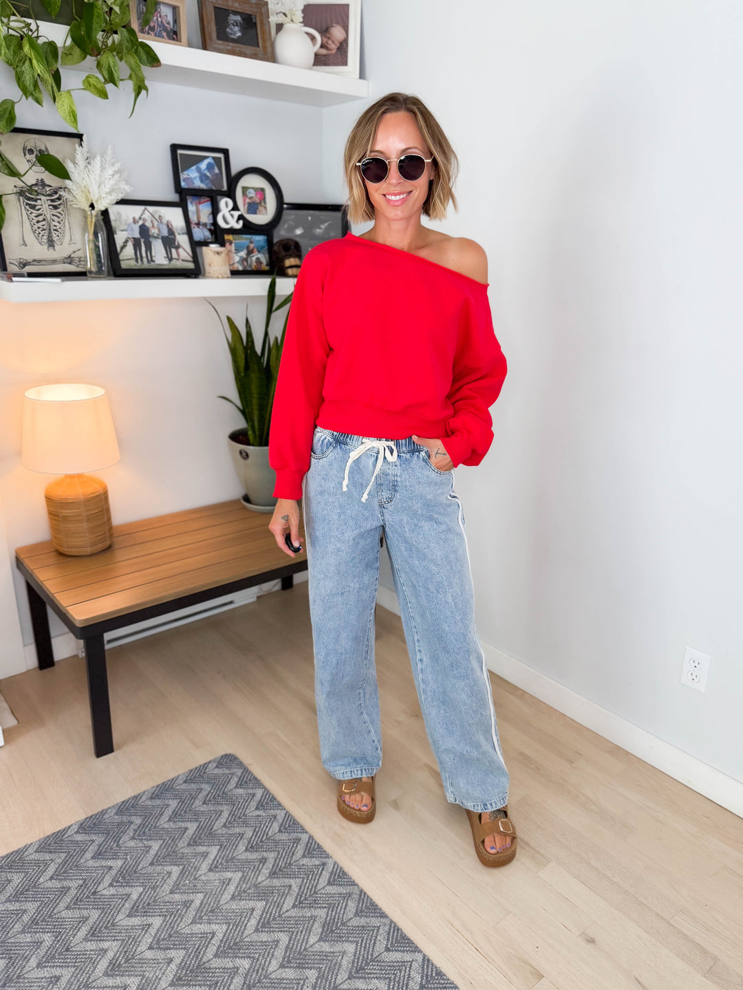 Ocean Mist Off Shoulder Crop Sweatshirt- RED