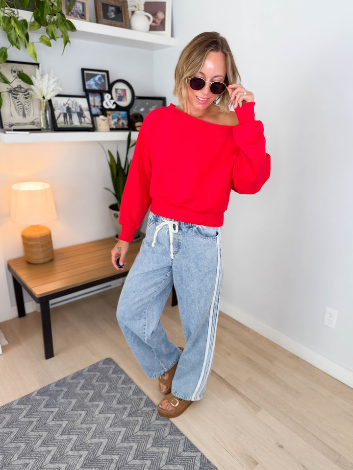 Ocean Mist Off Shoulder Crop Sweatshirt- RED