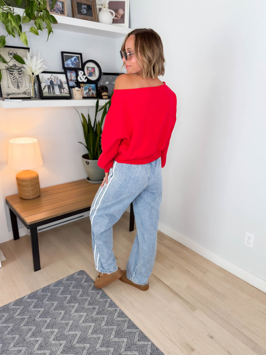 Ocean Mist Off Shoulder Crop Sweatshirt- RED