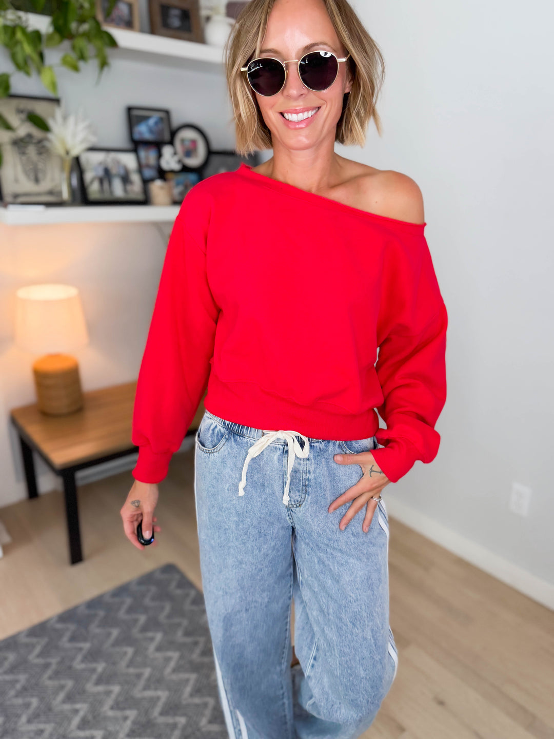 Ocean Mist Off Shoulder Crop Sweatshirt- RED