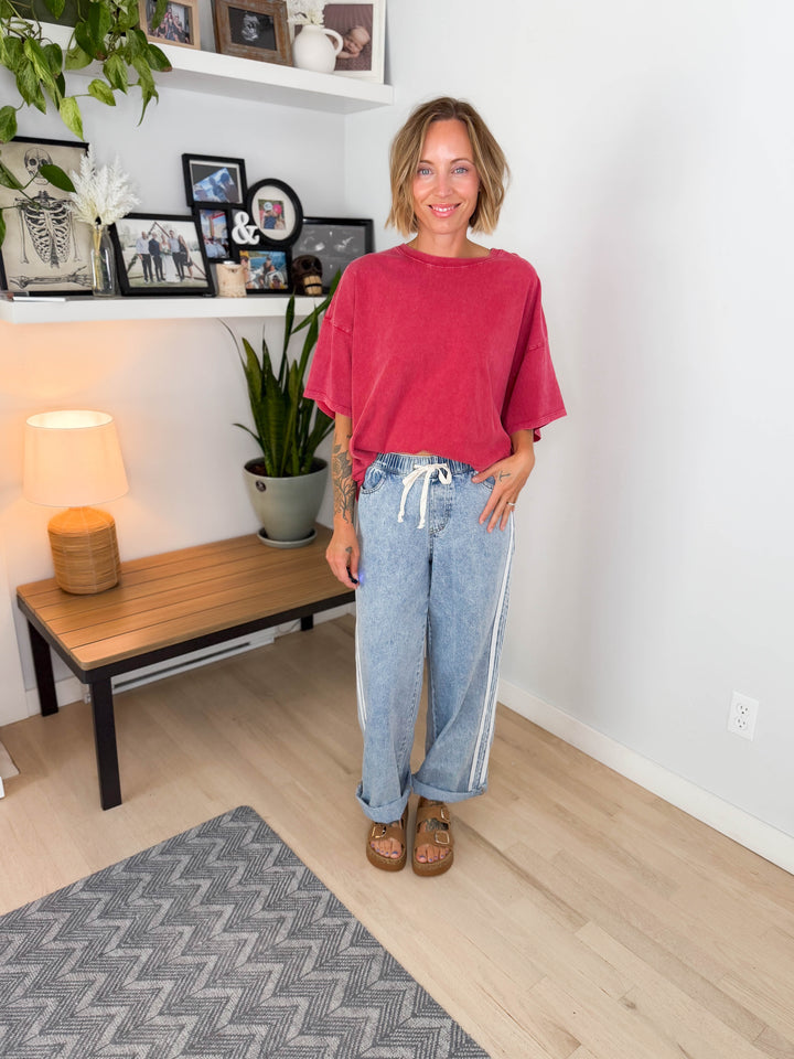 Keri Washed Cotton Boyfriend Tee- DARK RED
