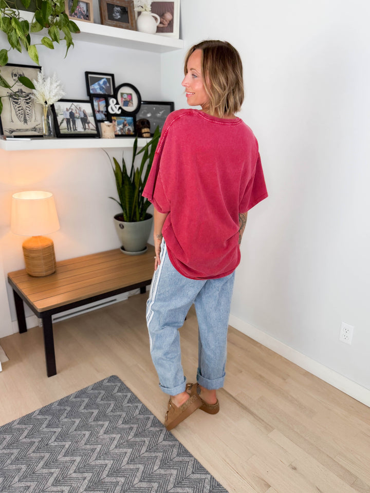 Keri Washed Cotton Boyfriend Tee- DARK RED