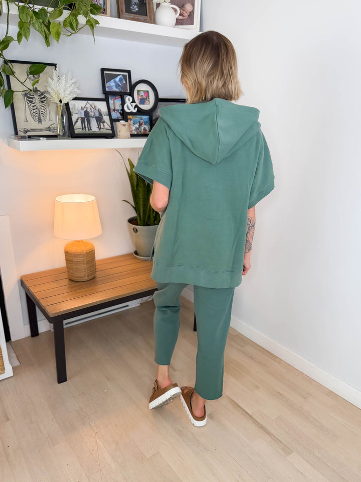 Mono B Sonata Malibu Short Sleeve Half Zip Hoodie- ELDERGREEN
