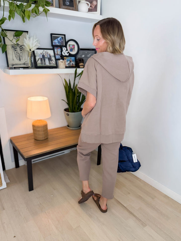 Mono B Sonata Malibu Short Sleeve Half Zip Hoodie- SILKEN TAUPE