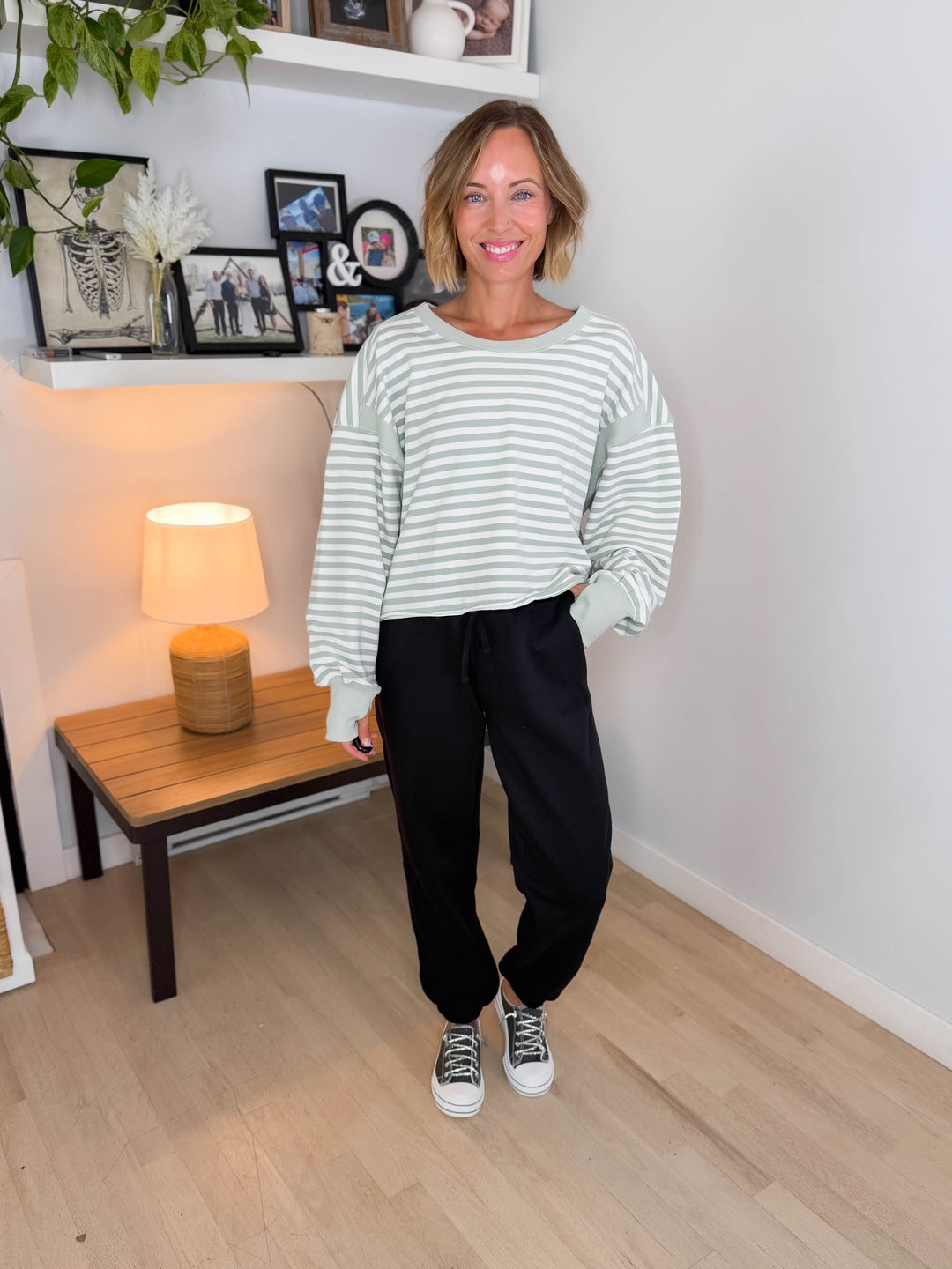 Sanbar Striped Open Back Long Sleeve- MINT/WHITE