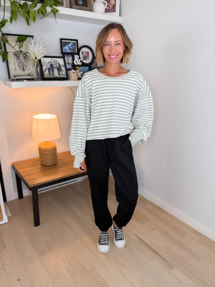 Sanbar Striped Open Back Long Sleeve- MINT/WHITE