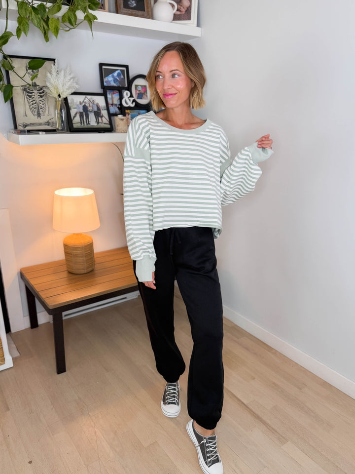 Sanbar Striped Open Back Long Sleeve- MINT/WHITE