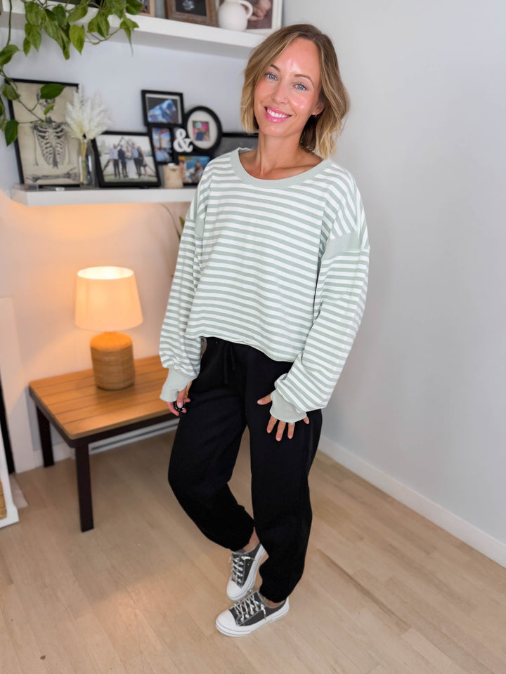 Sanbar Striped Open Back Long Sleeve- MINT/WHITE