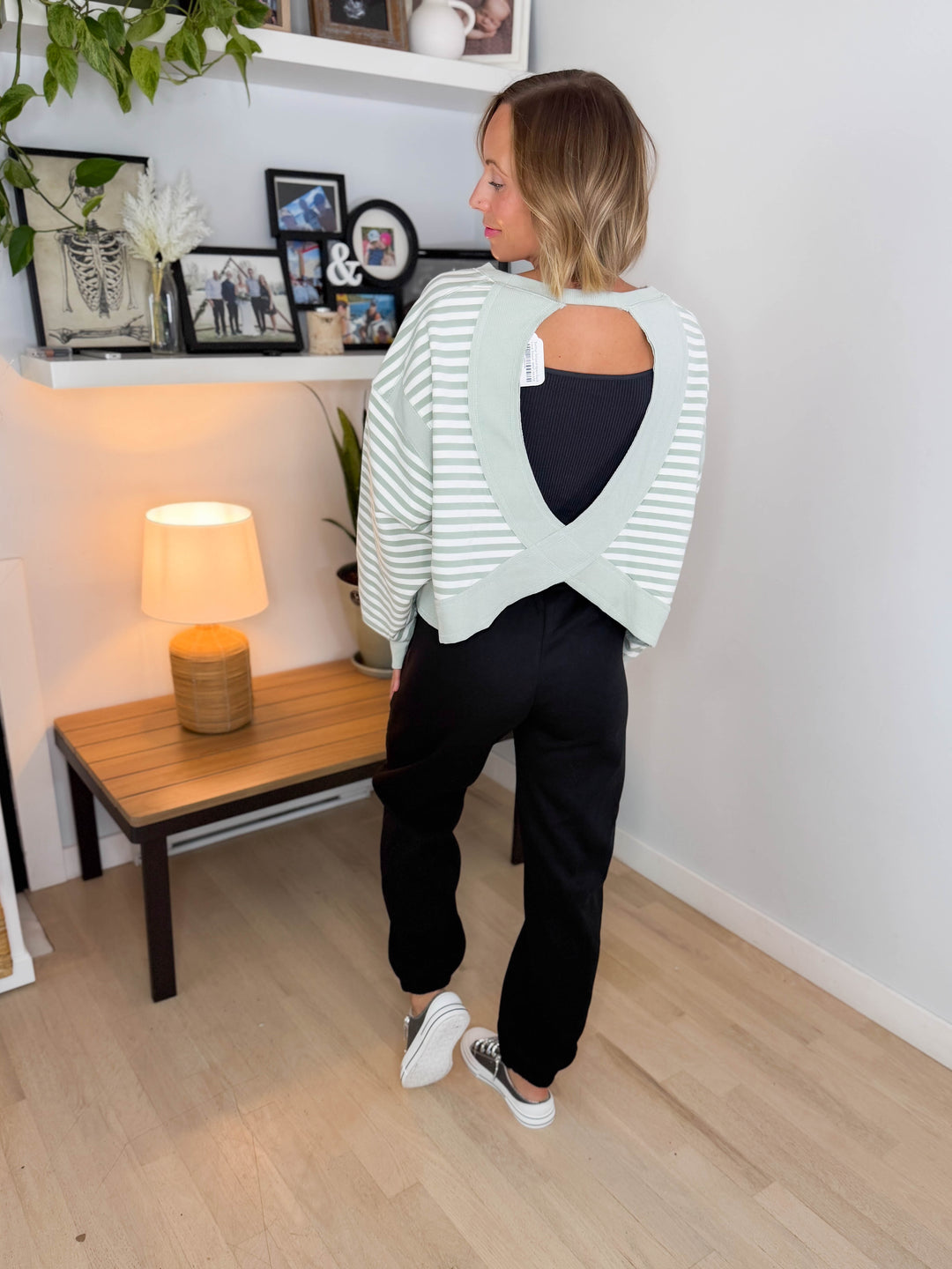 Sanbar Striped Open Back Long Sleeve- MINT/WHITE