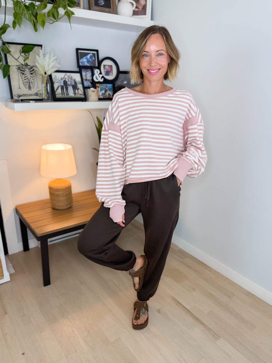 Sanbar Striped Open Back Long Sleeve- PINK/WHITE