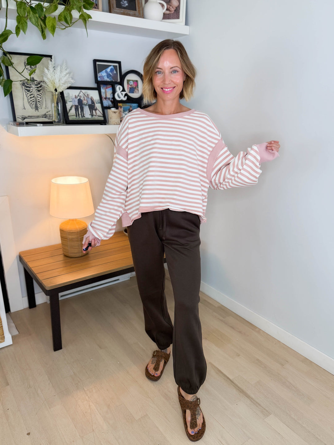 Sanbar Striped Open Back Long Sleeve- PINK/WHITE