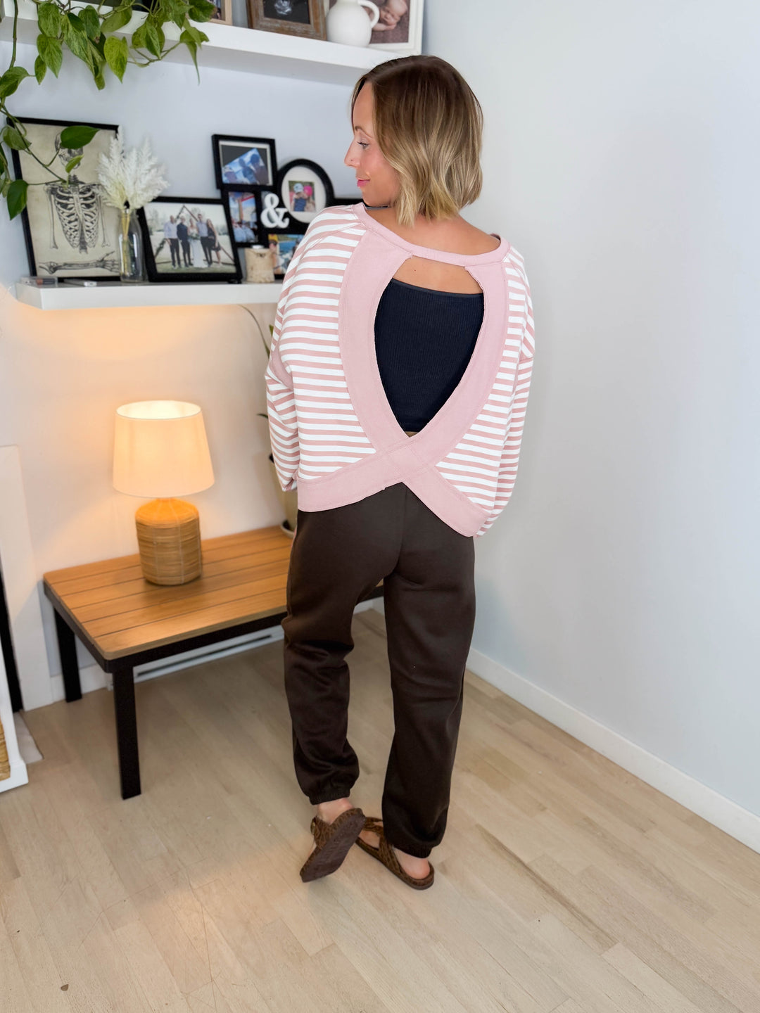 Sanbar Striped Open Back Long Sleeve- PINK/WHITE
