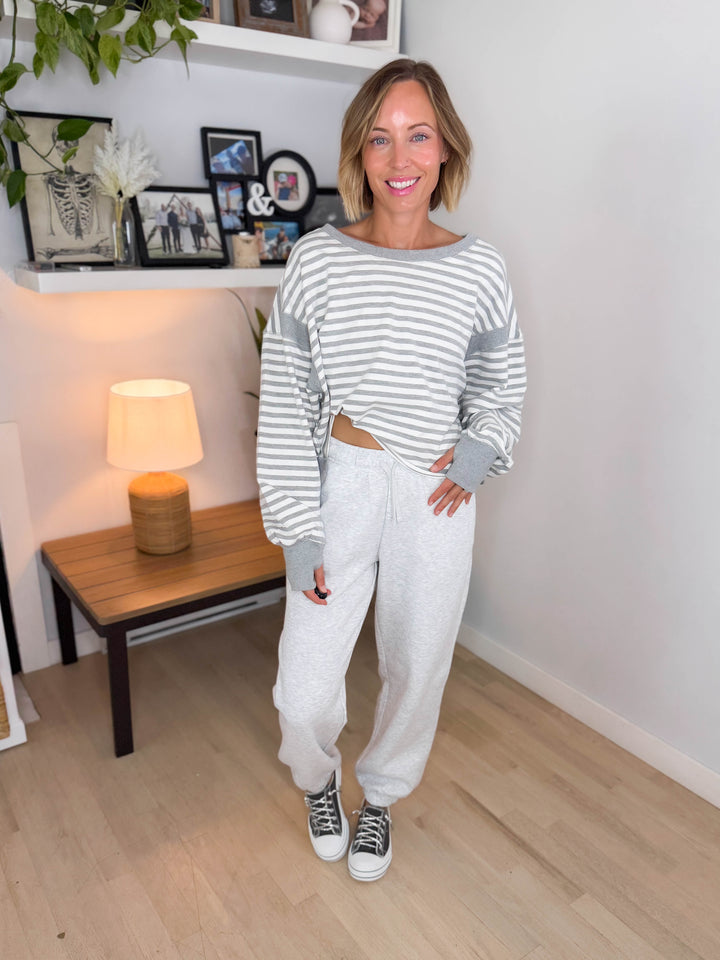 Sanbar Striped Open Back Long Sleeve- HEATHER GREY/WHITE