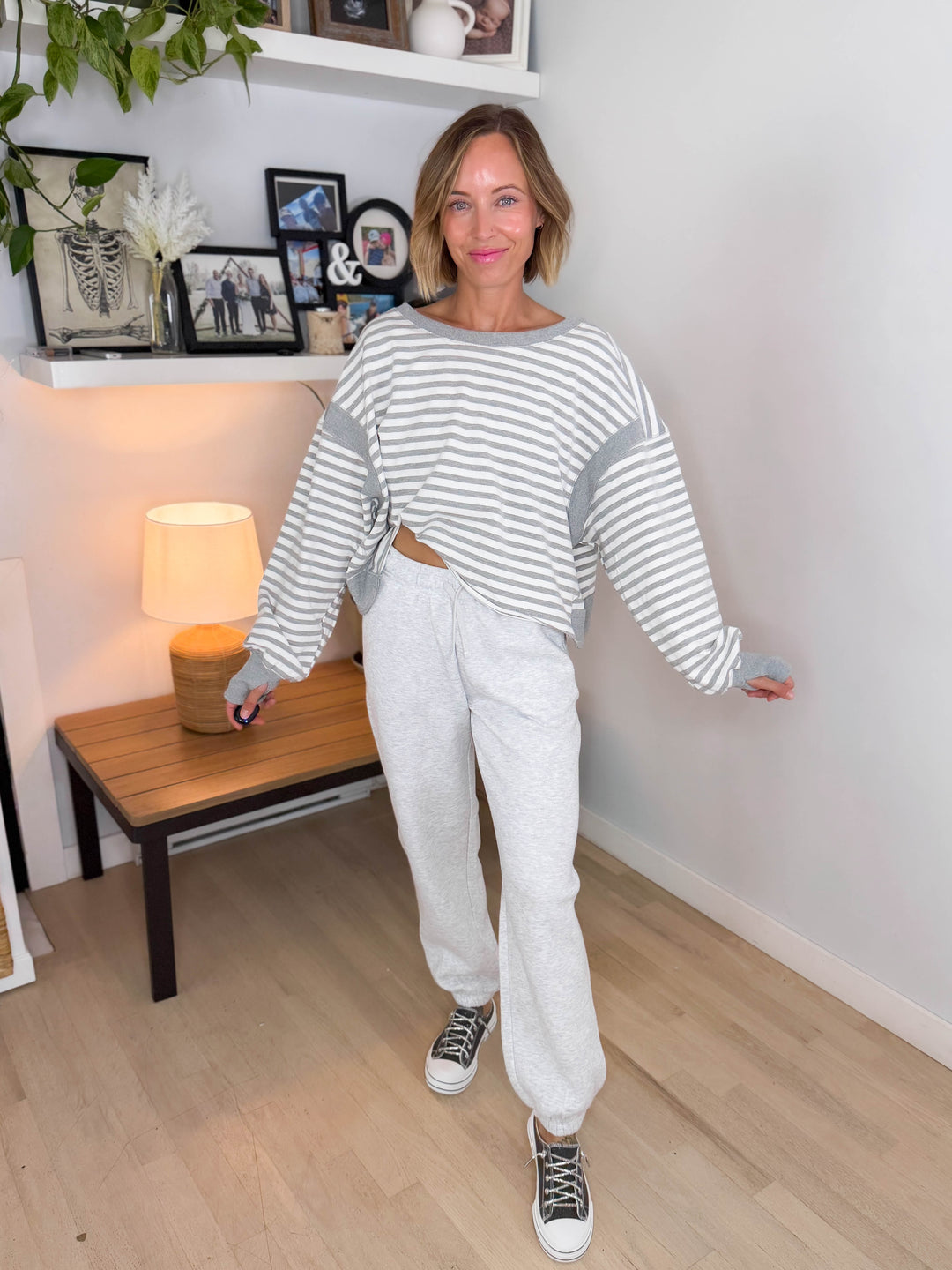 Sanbar Striped Open Back Long Sleeve- HEATHER GREY/WHITE
