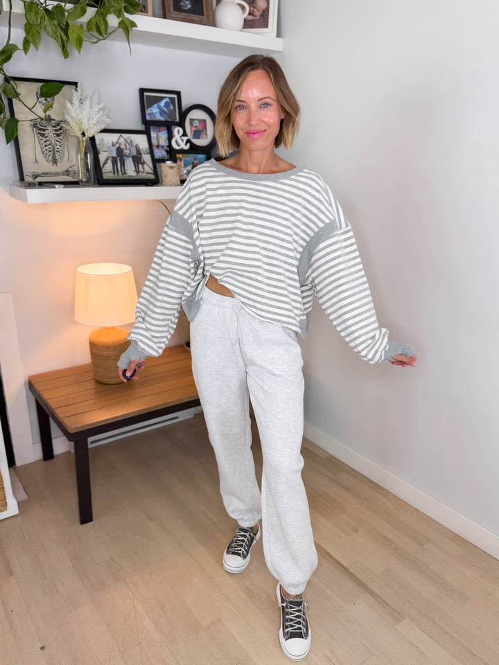Sanbar Striped Open Back Long Sleeve- HEATHER GREY/WHITE