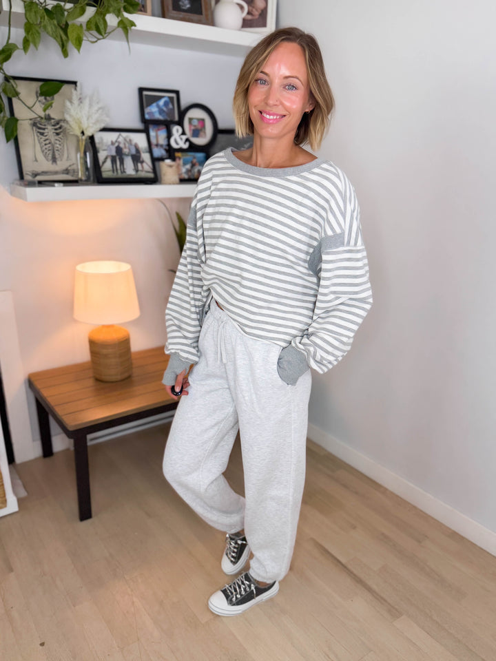 Sanbar Striped Open Back Long Sleeve- HEATHER GREY/WHITE