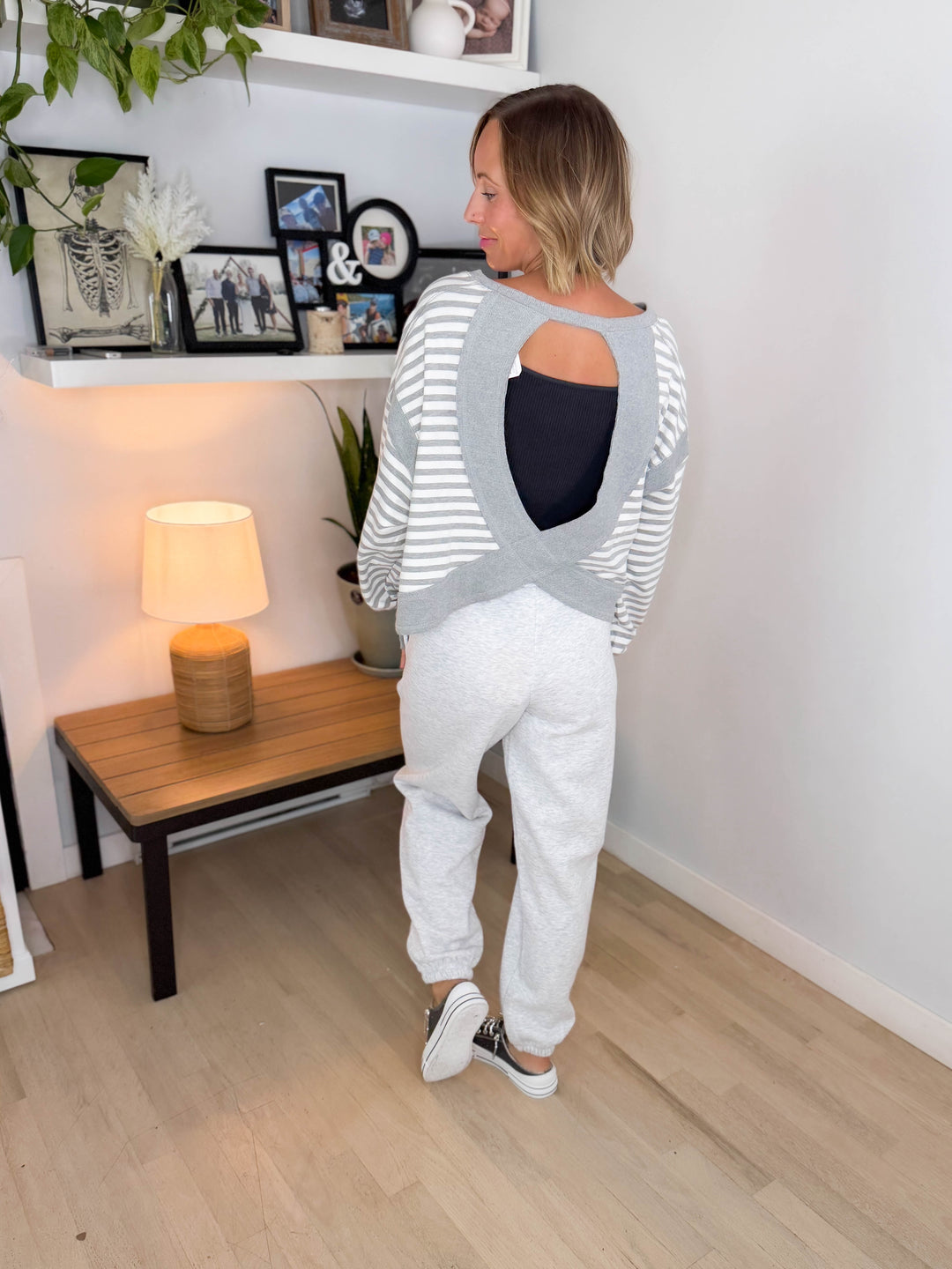 Sanbar Striped Open Back Long Sleeve- HEATHER GREY/WHITE