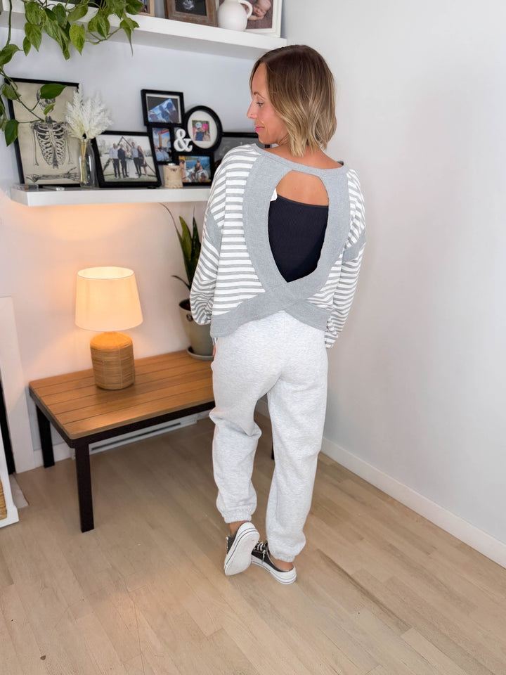 Sanbar Striped Open Back Long Sleeve- HEATHER GREY/WHITE