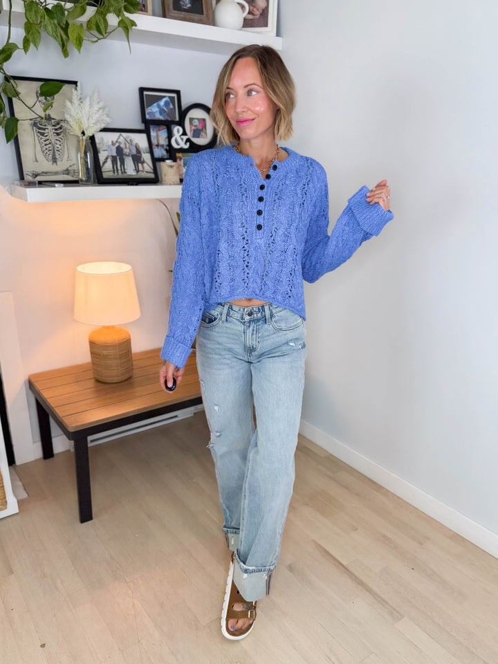 Cove Textured Cropped Henley Knit Sweater- BLUE