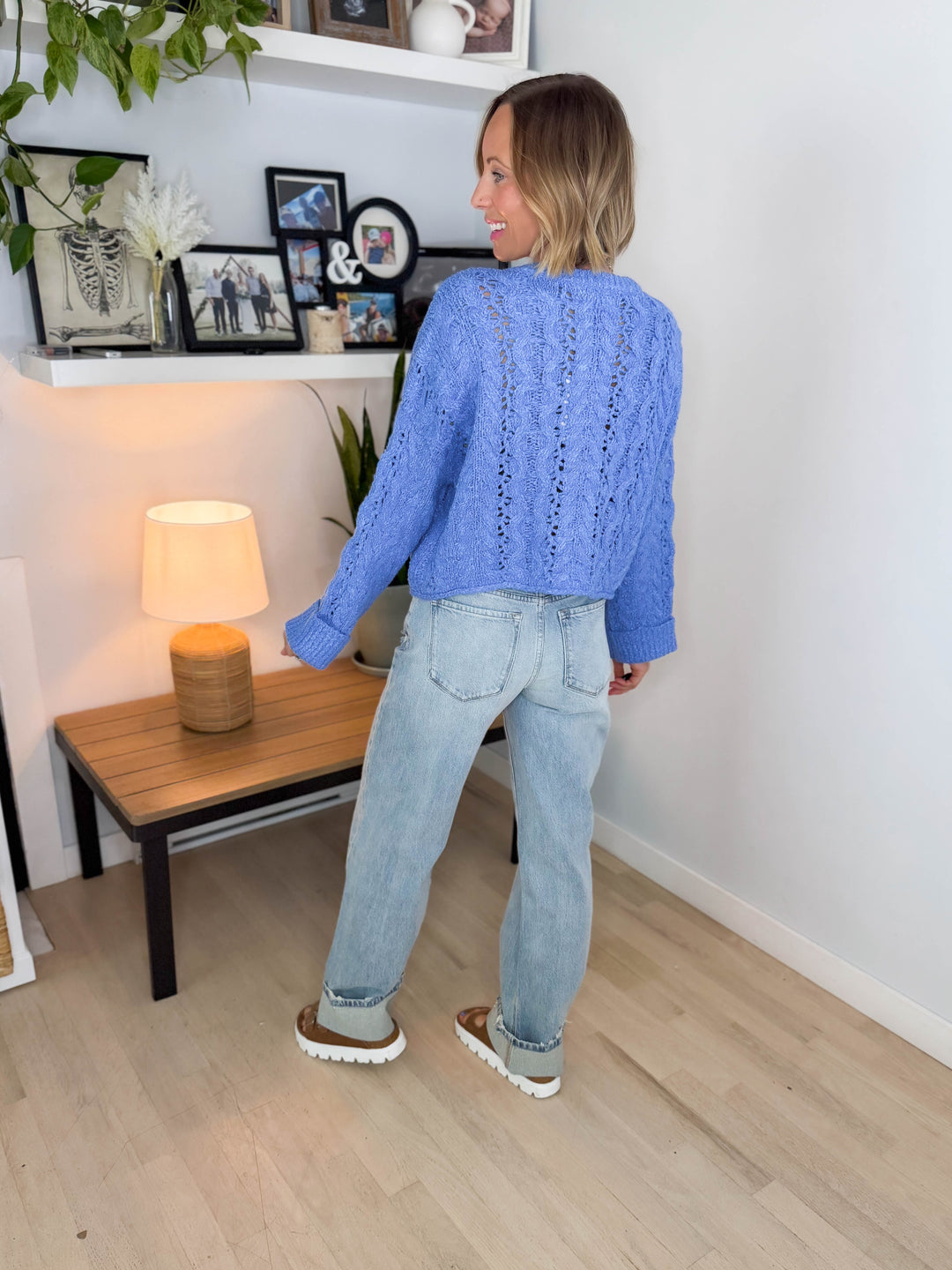 Cove Textured Cropped Henley Knit Sweater- BLUE