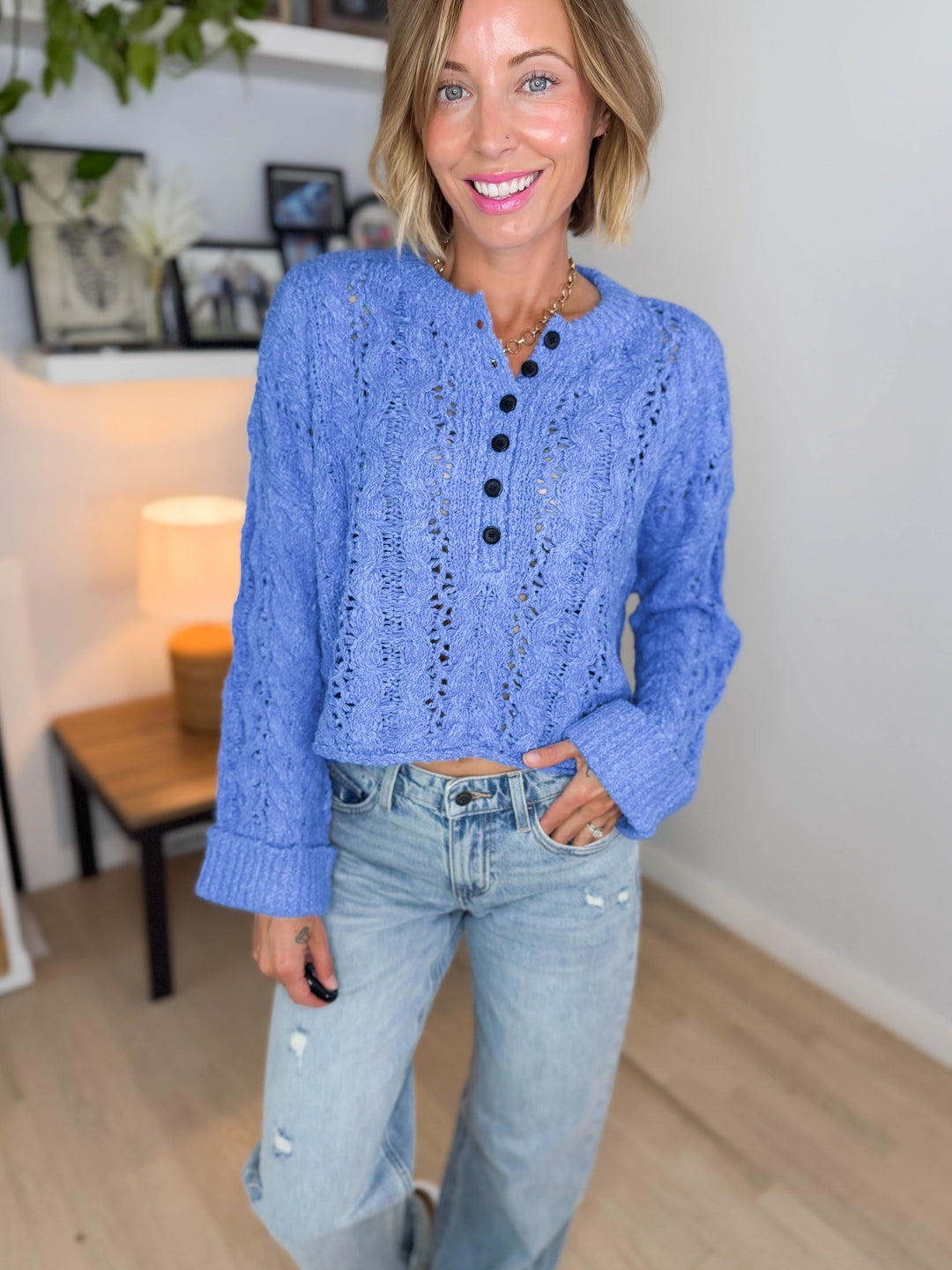 Cove Textured Cropped Henley Knit Sweater- BLUE