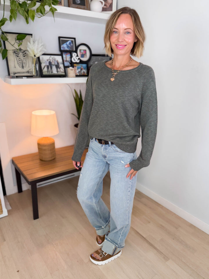 Coastline Classic Cut Long Sleeve Sweater Top- WITNER GREEN