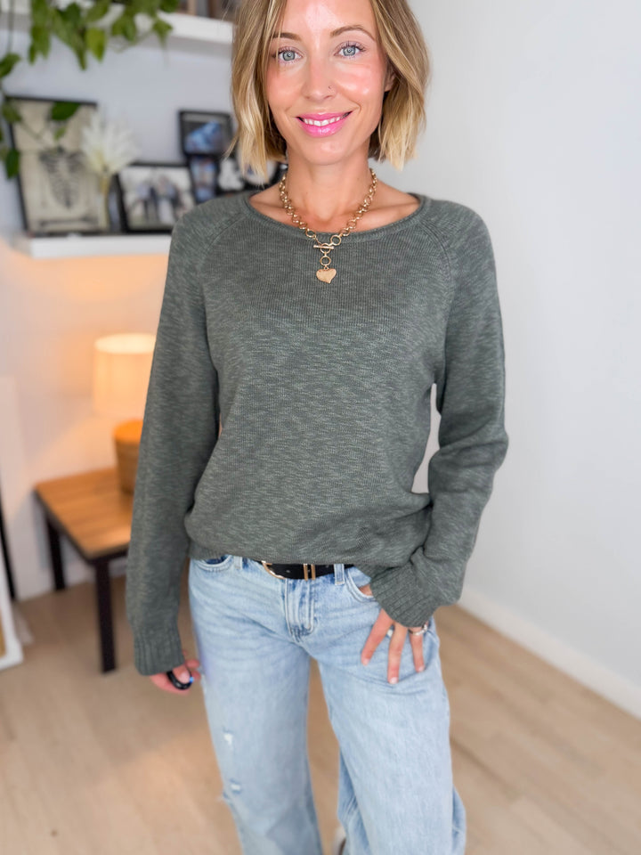 Coastline Classic Cut Long Sleeve Sweater Top- WITNER GREEN
