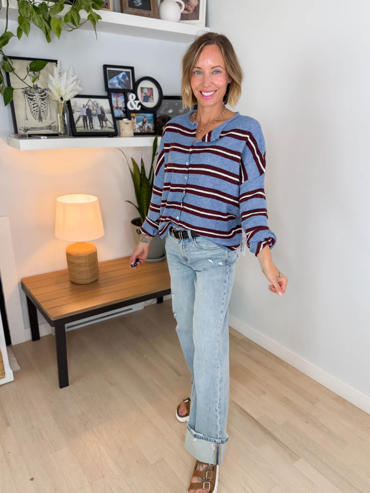 Piper Striped Varsity Cardigan- DUSTY BLUE