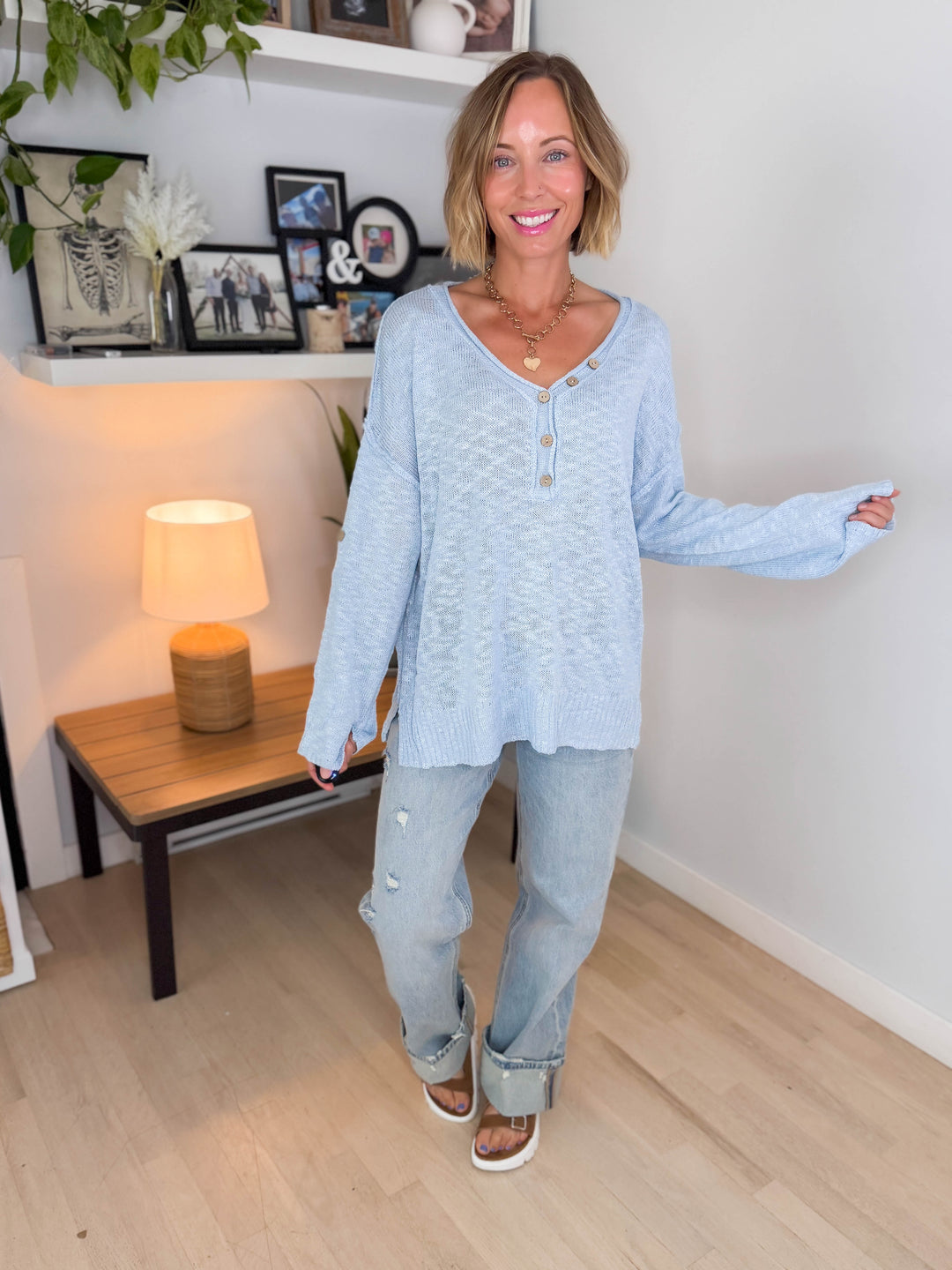 Kaia Henley Button Up Knit Sweater- BLUE