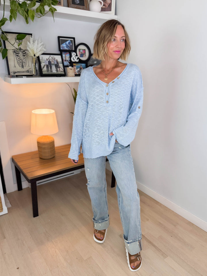 Kaia Henley Button Up Knit Sweater- BLUE